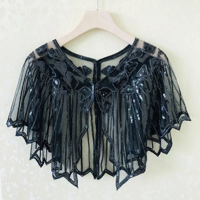 1920s Shawl Wraps Sequin Beaded Evening Cape Bridal Shawl Bolero Flapper Cover up Capelet