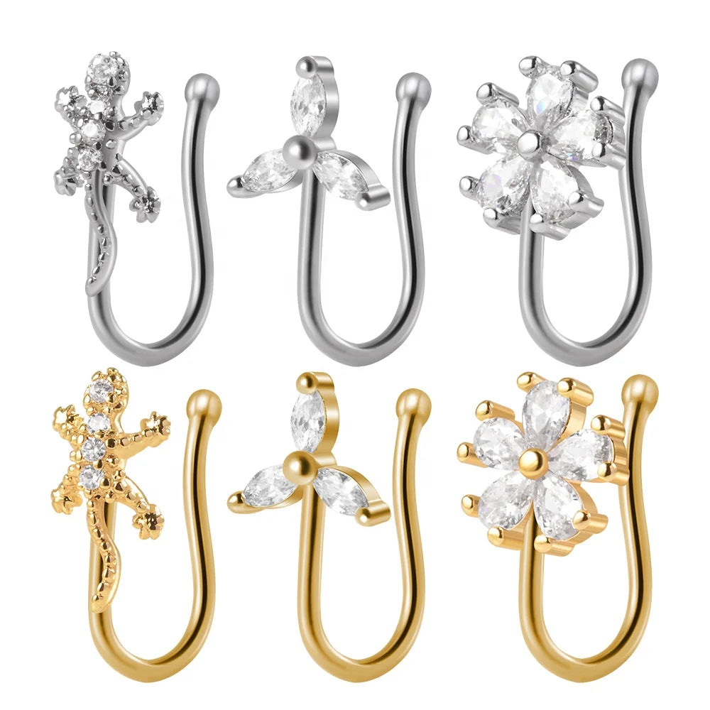 Women's Gold Hinged Nose Rings Wholesale Flower Lizard Zircon Faux Fake Piercing Jewelry Brass Nose Cuffs Clip on for Weddings