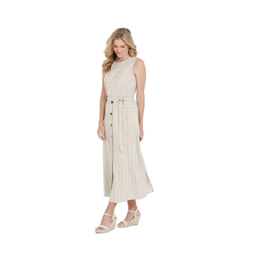Linen Blended Artist Style Summer Chiffon Skirt Dress Front Logo Breasted Sleeveless Vest Vest Skirt Striped Dress Linen Dress