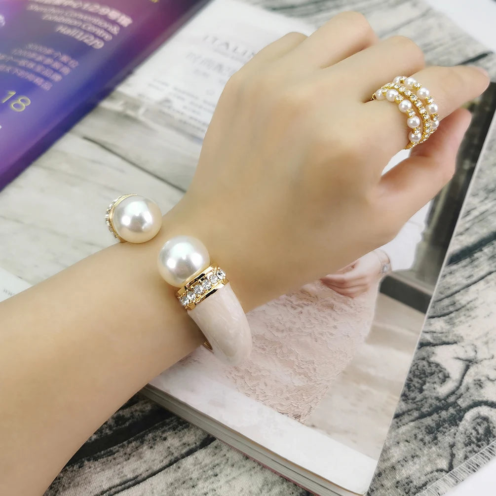 European and American Unique Design Drip Glazed Rhinestone Stretch Bracelet Fashion Pearl Beaded Cuff Bangles Jewelry Gift