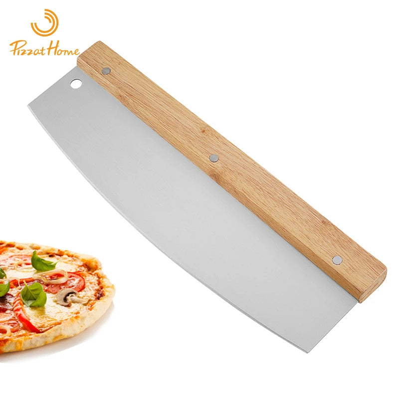 Stainless Steel Wooden Handle Scimitar Baking Tool Wooden Handle Half Moon Pizza Bread Swing Knife Flour Knife Pizza Cutter