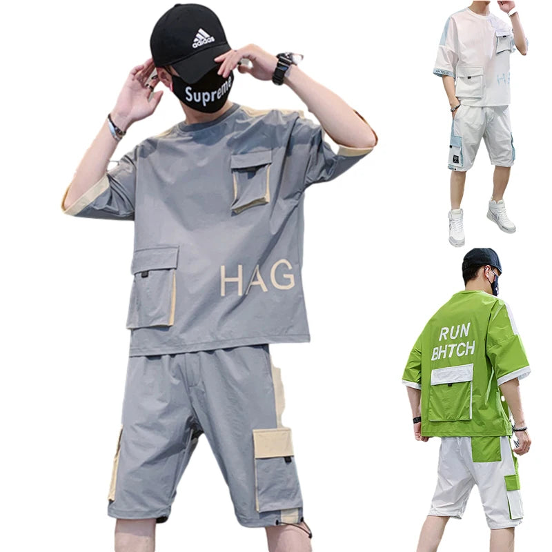 2023 Men's Two-Piece Fleece Sweat Suit Casual Shorts Sets with Short Sleeves Winter Tracksuit Trend Quick Dry Letter Print