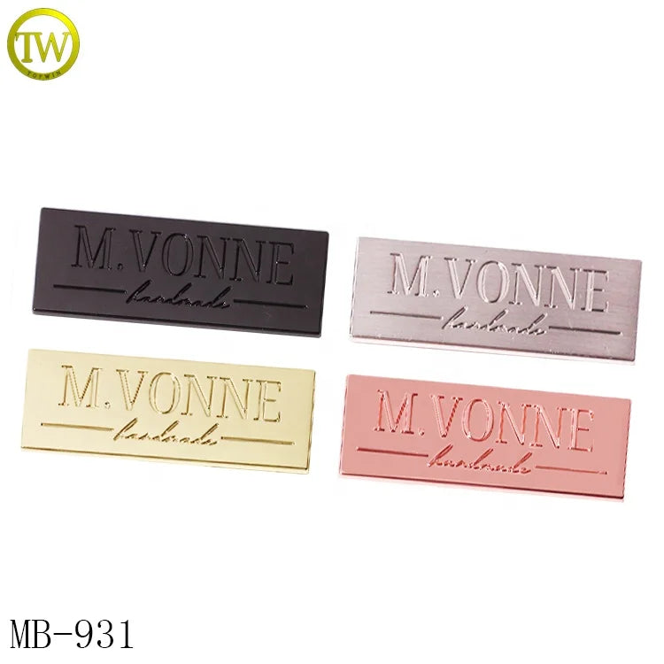 Zinc Alloy Handbags Metal logo Badge Custom Made Stamped Name Private Metal Plate Labels for Tote Bags