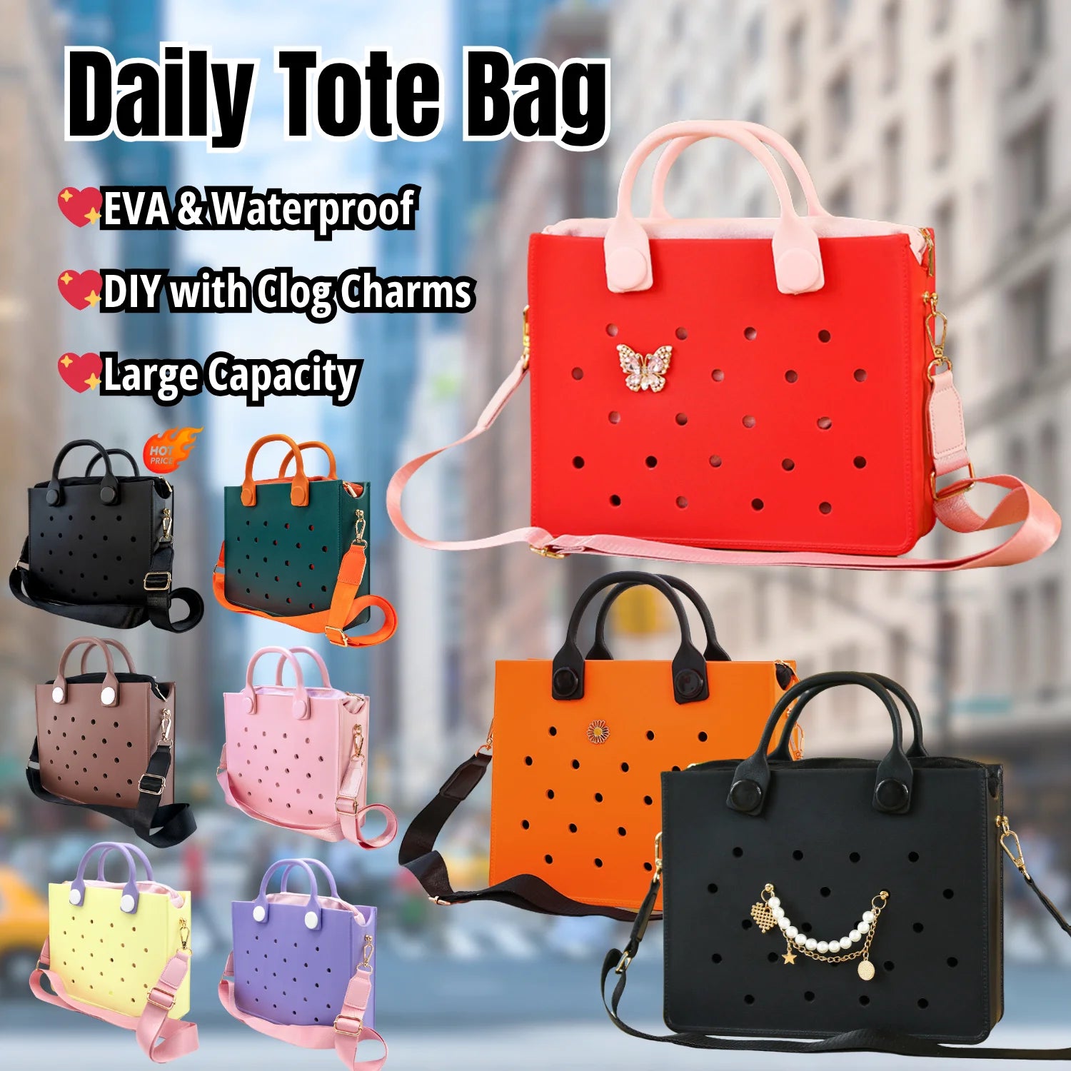 2025 Fashionable Open-Closure EVA Tote Handbag Punch Holes for Work Shopping Summer Beach Vacations Clog Shoe Charm for Women