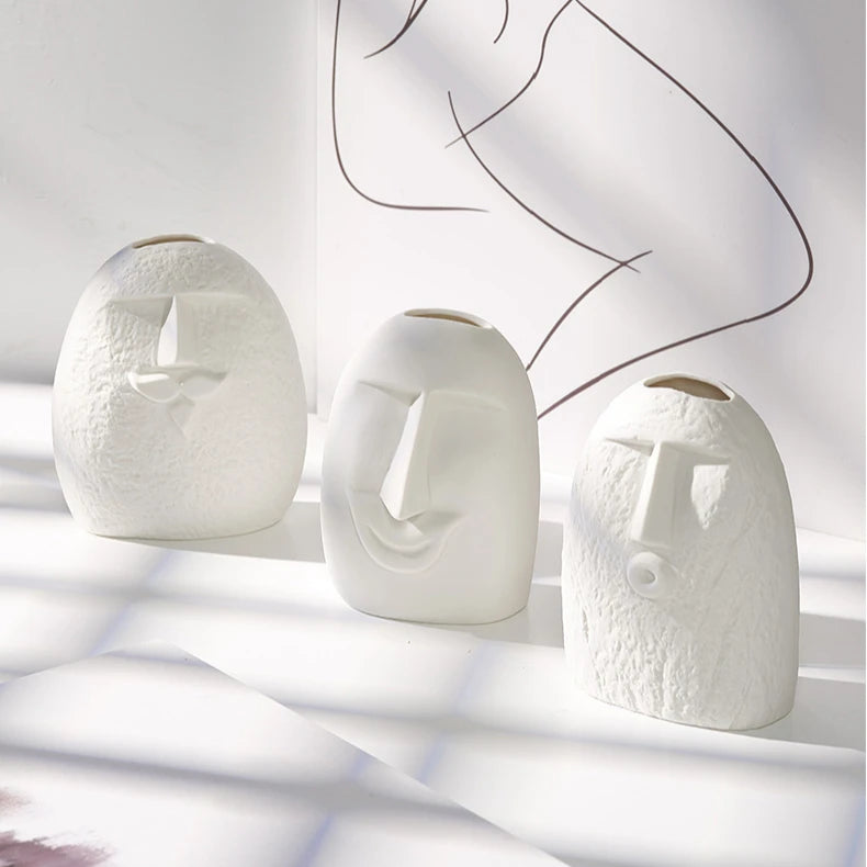ZHUODI C34 Nordic Contemporary Style White Ceramic Flower Vase Creative Head Face for Home Decoration