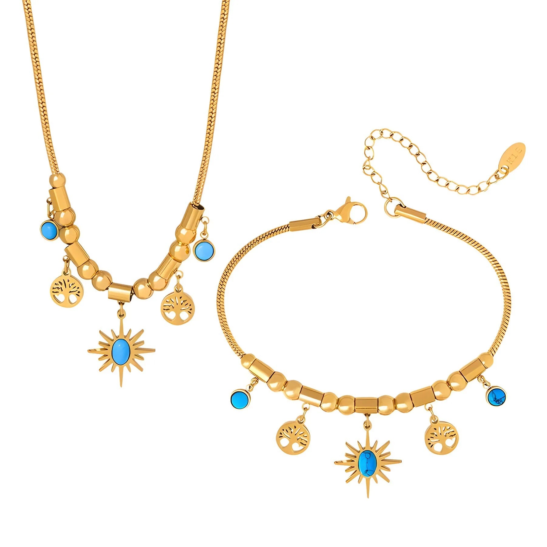 Bohemian 18K Gold Plated 316L Stainless Steel Tree of Life Turquoise Pendant Necklace Waterproof Jewelry for Weddings Parties