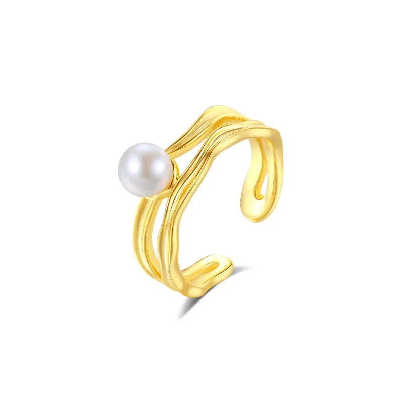 S925 Sterling Silver Freshwater Pearl Open Ring 18K Gold Plated Adjustable Rhodium Plated for Women for Wedding