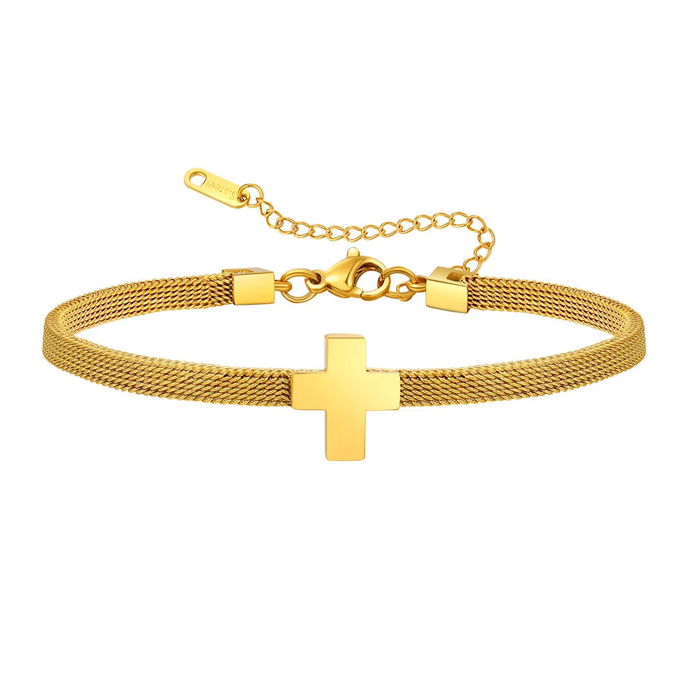 2023 Trendy Non Tarnish 316l Stainless Steel Adjustable Braid Bracelet 18k Gold Plated Cross Bracelet Women