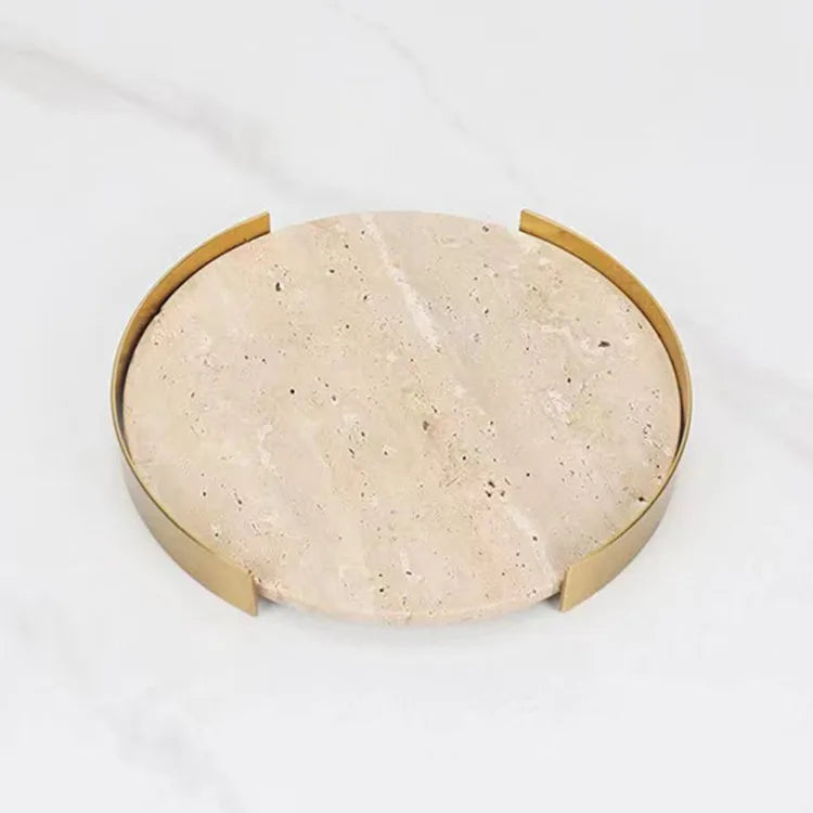 Top Quality Round Beige Brown Travertine Plate Jewelry Storage Jewellery  Display Marble Tray Storage Tray with Metal Frame