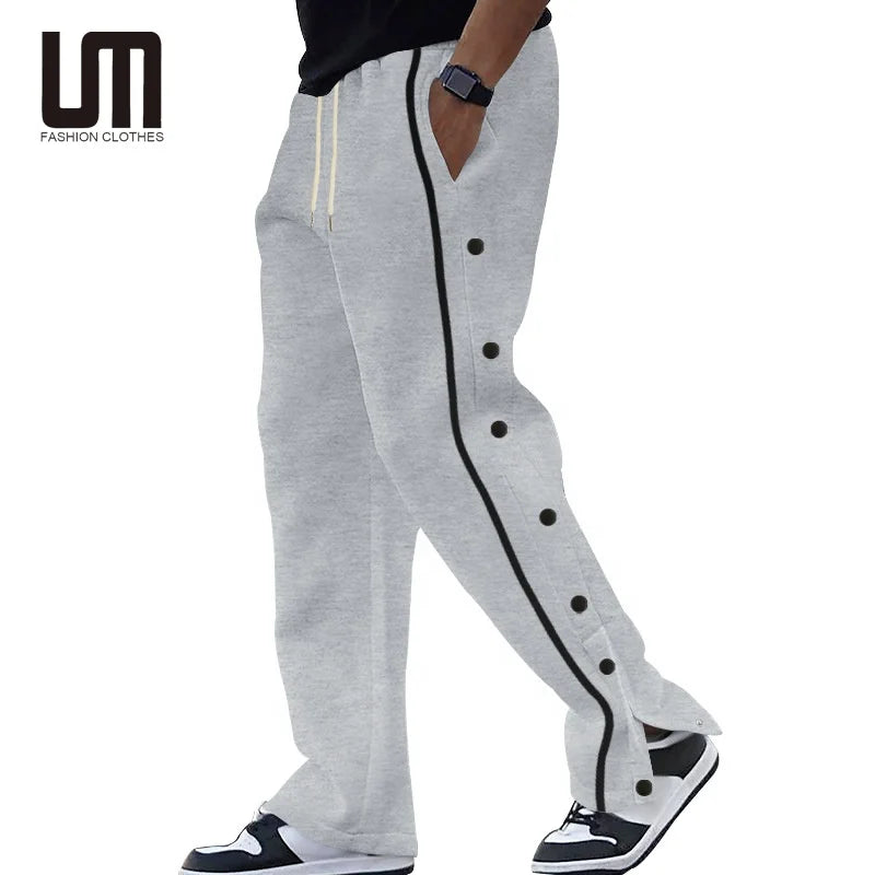 Liu Ming New Arrival 2025 Custom Logo Men Clothing Fashion Casual Solid Color Side Button Loose Wide Leg Trousers Sweatpants