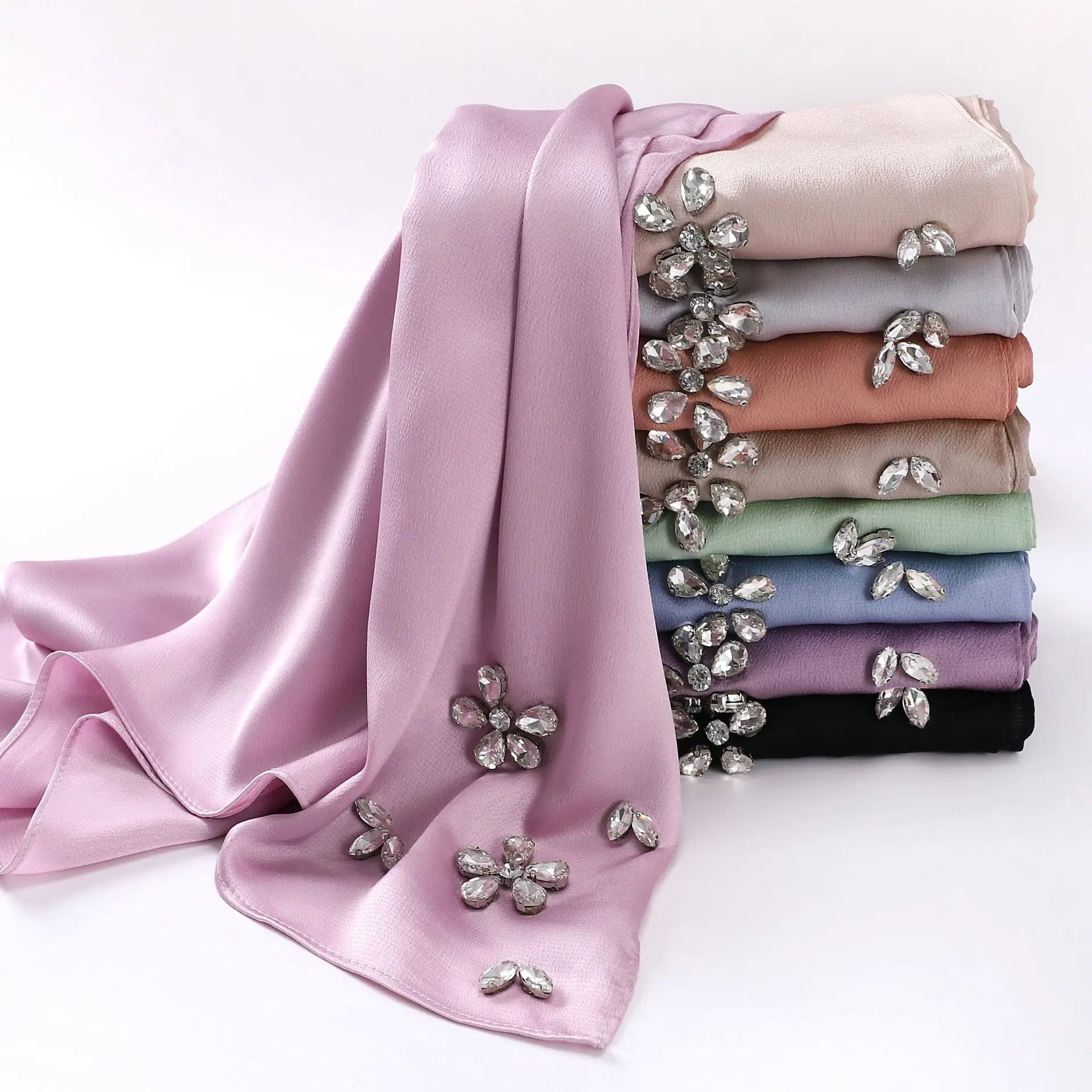 Luxury Girls Handmade Rhinestone Solid Bubble Satin Hijab Women Scarf Satin Silk Hijabs Malaysia Tudung Wrap Long Shawl