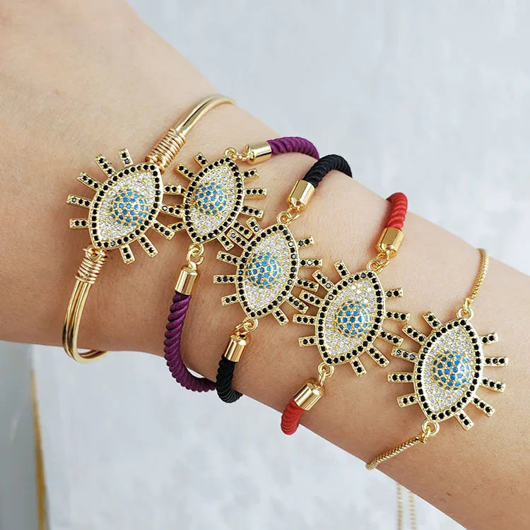 BC1308 Chic Zircon CZ Paved Blue Evil Eyes Lucky String Protection Bracelets for Women Ladies