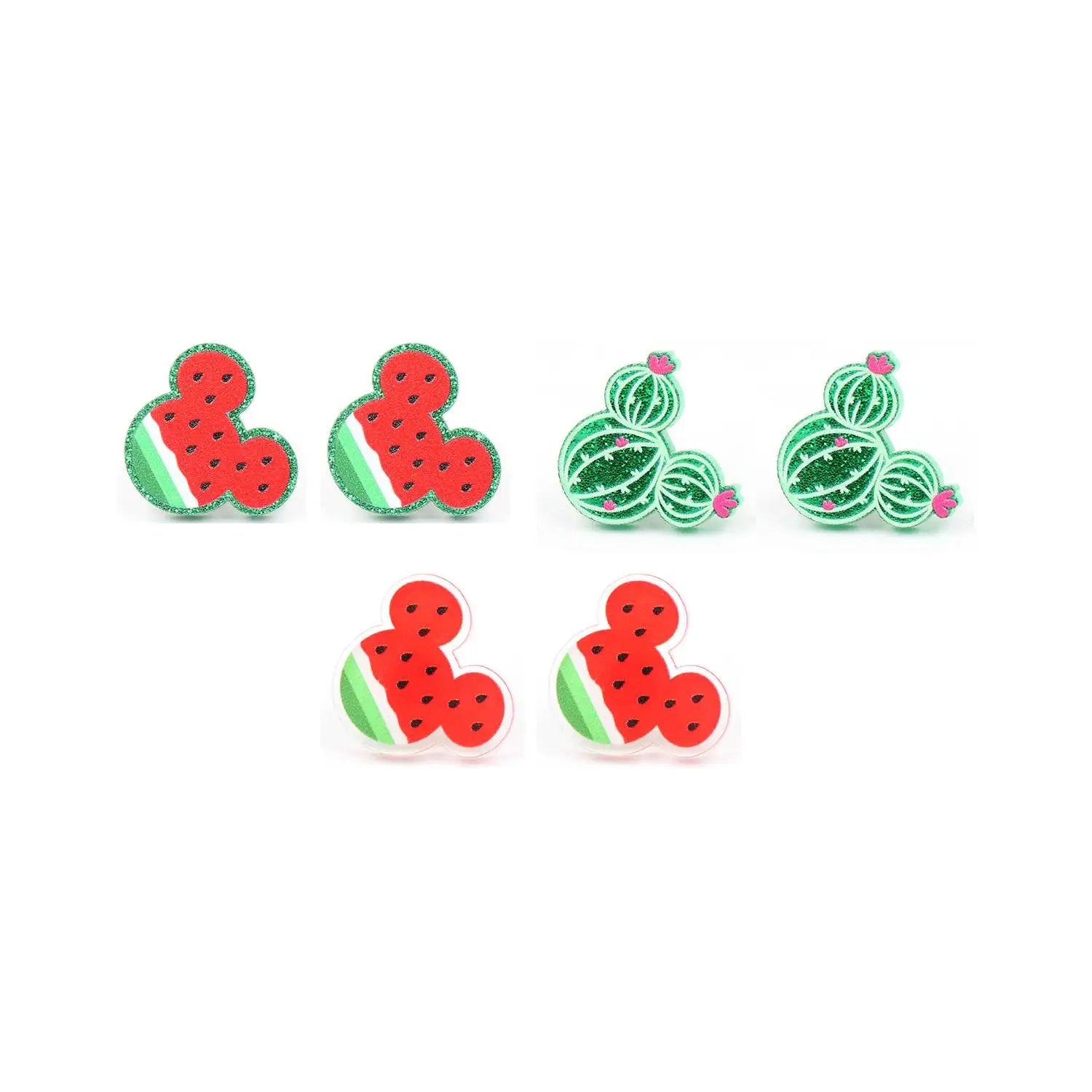 Cute Geometric Watermelon Stud Earrings UV Print Green Glitter Cactus Mouse Fruit Acrylic Earrings