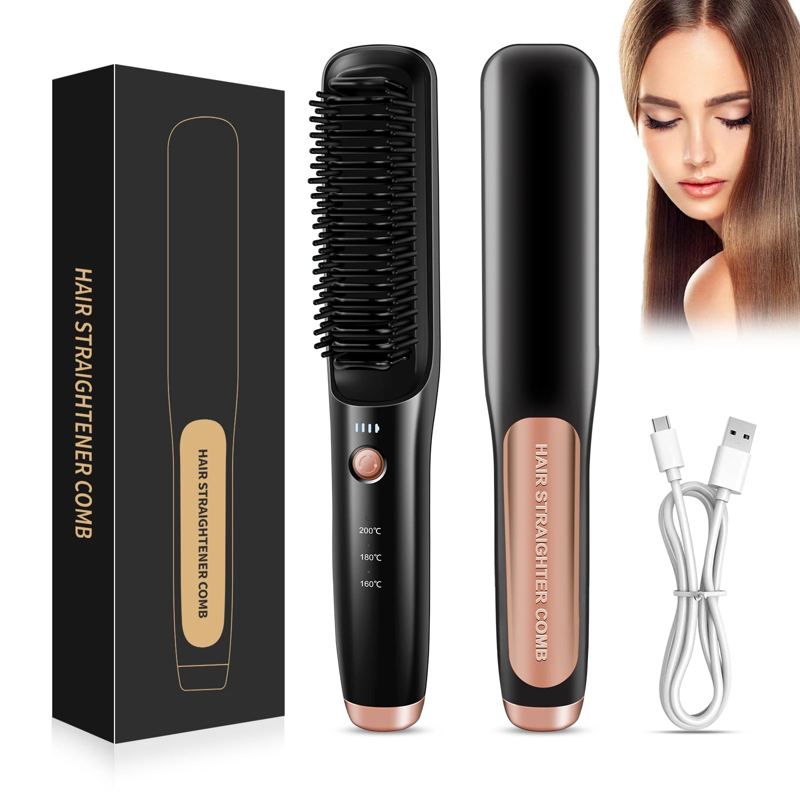 Portable Cordless Electric Hair Straightening Brush for Men 3 Temperature Settings Flat Iron Comb for Home Travel Use Plastic