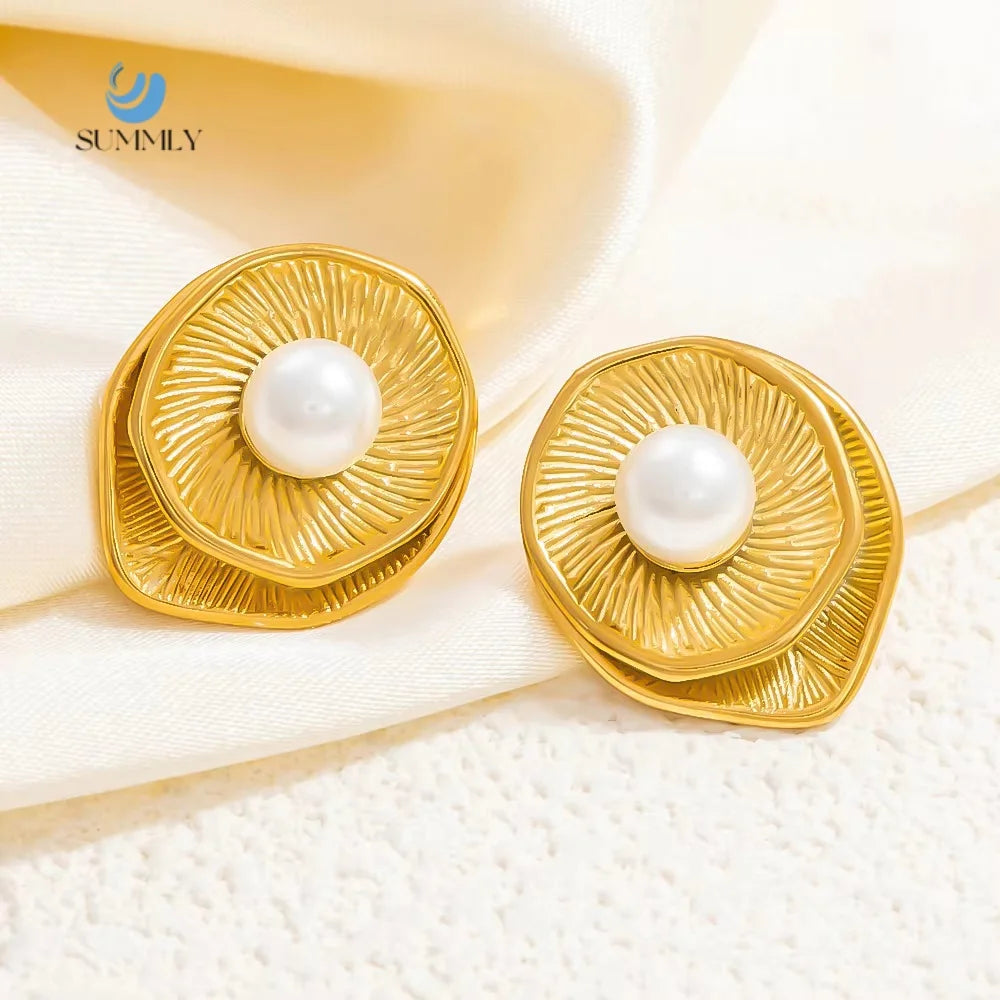 SUMMLY Vintage Wholesale Niche Personalised Faux Pearl Wave Stripe 18K Gold Plated Stainless Steel Earrings Fashion Jewelry
