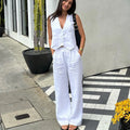 Enyami Streetwear Latest Design Summer Cotton Linen Suit V Neck Vest Top Button Straight Pants 2 Pieces Co Ord Sets