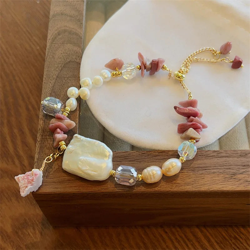 Adjustable Gravel Bracelet Irregular Rose Stone Bracelet Baroque Fresh Water Pearl Bracelet for Women