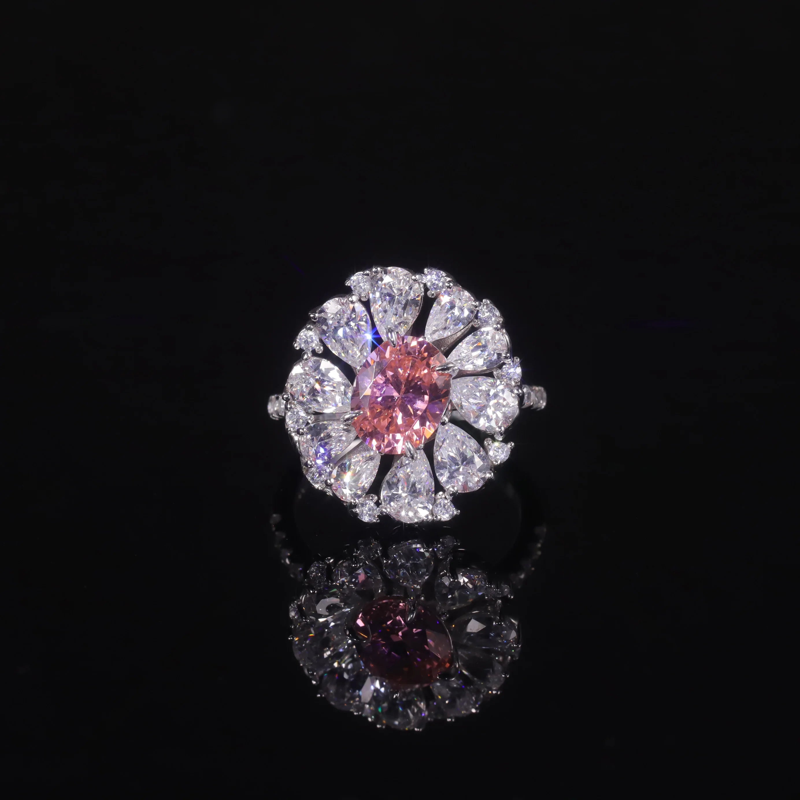 AR338 Timely Production Jewelry Factory 925 Sterling Silver Padparadscha Sapphire Pink CZ Ring Crushed Ice Pink Diamond Ring