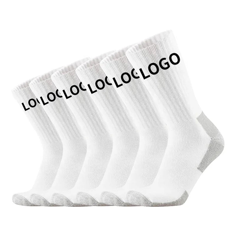 OEM Custom White Cycling Socks for Men Low MOQ Breathable Logo Ankle Sports Sock Crew High Cuff and Bottom Logo Position