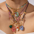 Colorful Rope Braided Natural Stone Rose Quartz Hand Shaped Charms Necklace Stainless Steel Fish Dolphin Pearl Bohemian Necklace