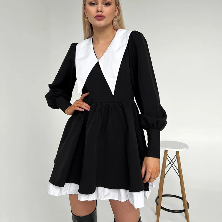 Winter French Elegant Peter Pan Collar Black Vestido Mujer Daily Wear A-Line Long Sleeve Dresses Women Casual