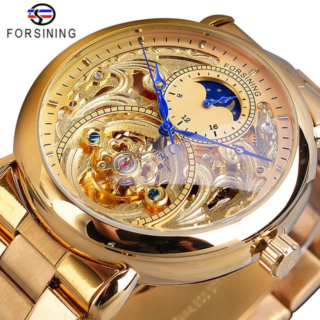 Forsining Mens Automatic Mechanical Business Watch Clock Golden Moon Phase Steel Strap Wrist Watches Top New Relogio Masculino