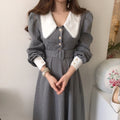 Wholesale 2026 Autumn New Chic French Temperament Lapel Lace Check Chic Single Breasted Waist Puff Sleeve Dress