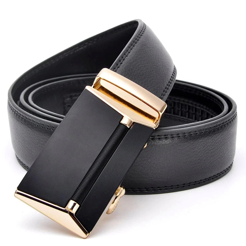 Genuine Luxury Cow Hide Leather Belts for Men Famous Brand Durable Alloy Automatic Buckle Black 3.8cm Width 110-130cm Length