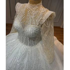 2024 Real Picture High Neck Ball Gown Wedding Dresses Long Sleeves Luxury Crystal Beaded Saudi Arabian Dubai Bridal Wedding Gown