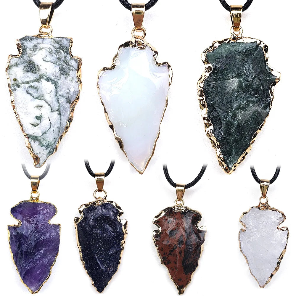 Diy Wholesale Stone Chakra Crystal Arrowhead Gold Electroplated Edge Pendant Charm Pendant Stone Pendants