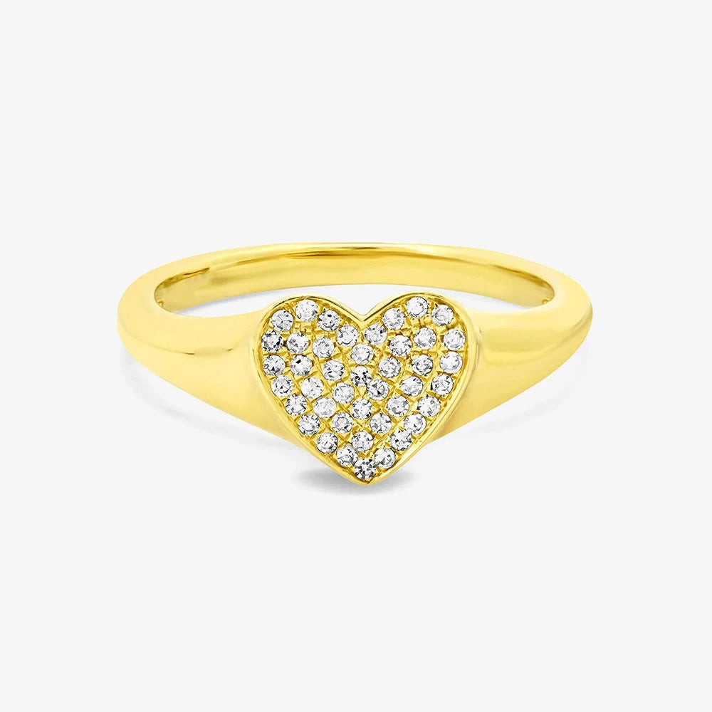 925 Sterling Silver Jewelry 14K Gold Plated Pave CZ Heart Pinky Signet Ring for Women Valentine's Day