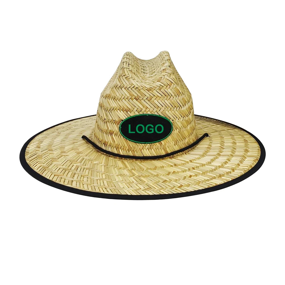 Adult Promotional Green Palm Leaves Printed Straw Hat Under Fabric Chapeau De Paille for Travel Fishing Cowboy Farmer Lifeguard