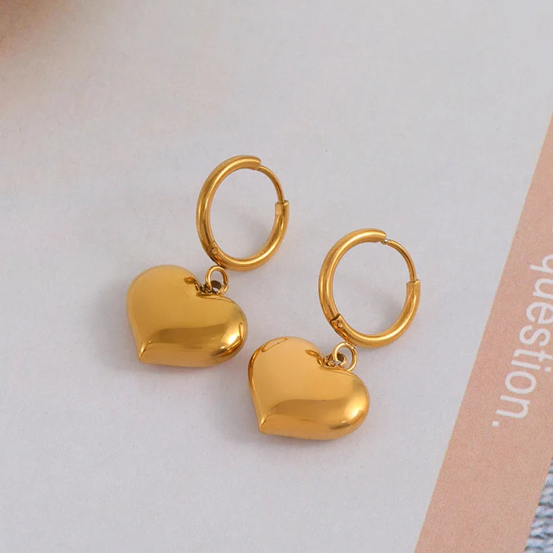 Non Tarnish Stainless Steel Hoop Heart Lock Drop Earring Gold Plated Love Heart Earrings