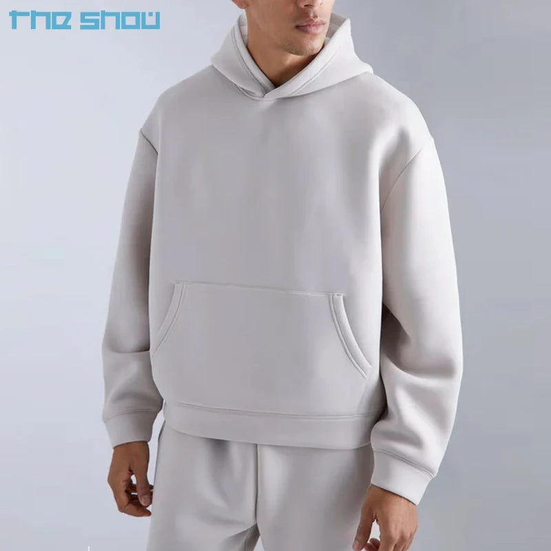 Clothe Brand 500gsm 600gsm Neoprene Hoodie Thickened Drop Shoulder No String Air Layer  Oversized Boxy Bonded  Hoodies Men