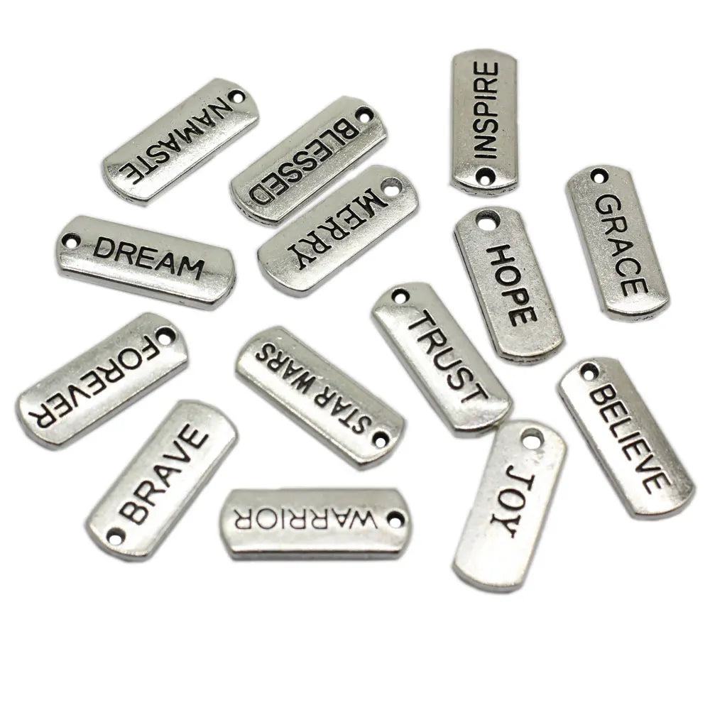 14Pcs/Set Antique Silver Plated Word Charms Engraved Motivational Pendants for Jewelry Making Accessories DIY