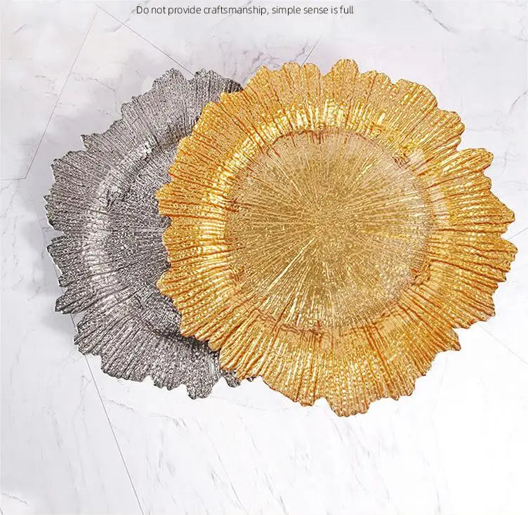 Luxury European Irregular Shape Gold Silver Charger Glass Plate Dish Handpainted Lead-Free Eco-Friendly Sustainable Party Hotels