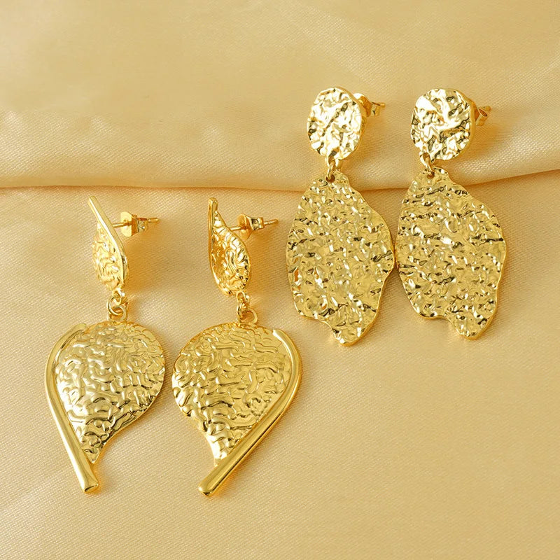 Designer Retro Stainless Steel Gold Plated Irregular Texture Big Leaf Earring for Women