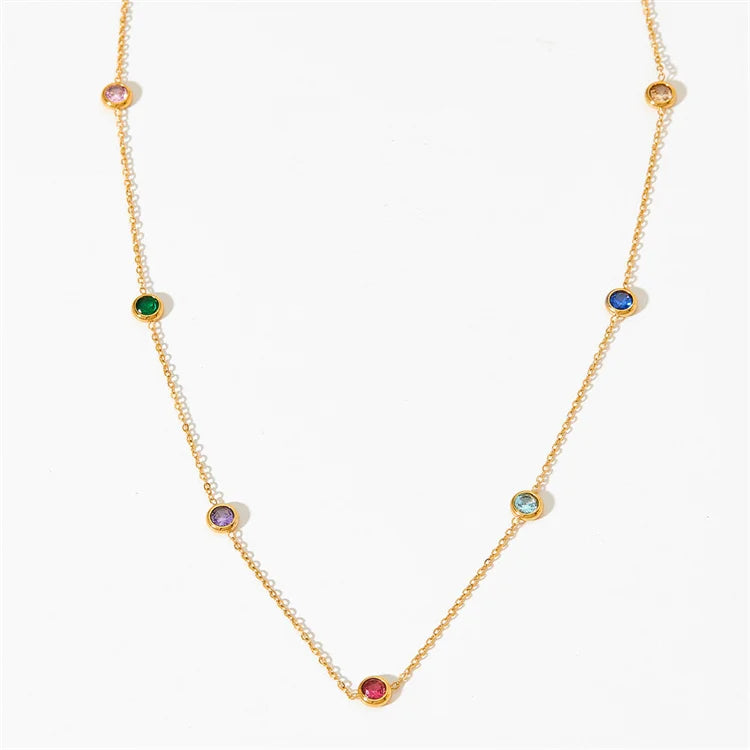 Wholesale New Stainless Steel No Fade Women Dainty Luxury Colorful Round Zircon Bracelet Necklace Set