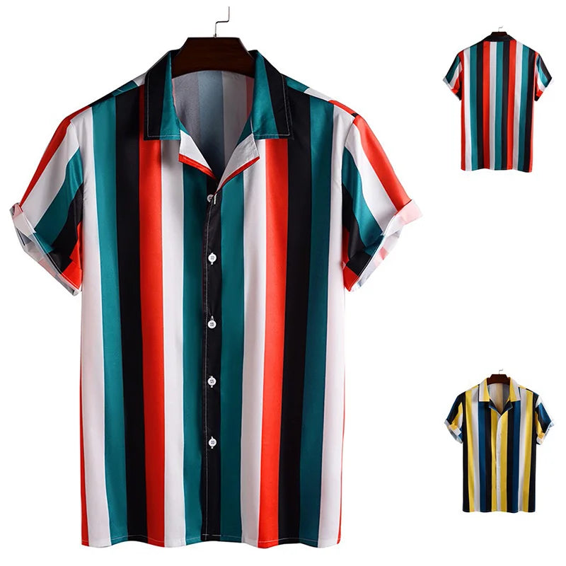 Summer Mens Shirt Top Casual Short Sleeve Hawaiian Shirts Stand Collar Strip Print Cool Thin Shirt Men Dress Male Clothing Tops