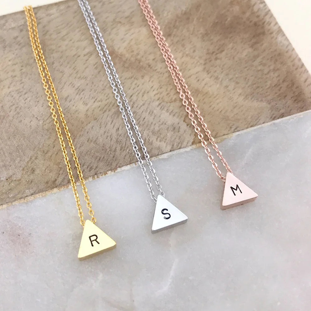 Stainless Steel Triangle Pendant Engraved 26 Alpherbet Necklace