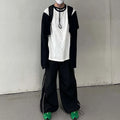 Supplier Custom High Quality Black and White Contrasting Double Layered Sleeves  High Street Casual Long Sleeve Shirts Men