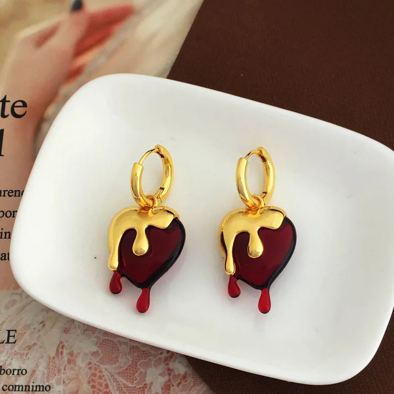 Luxury Unique Design 18K Gold Plated Red Rripping Liquid Heart Dangle Huggie Earrings for Woman