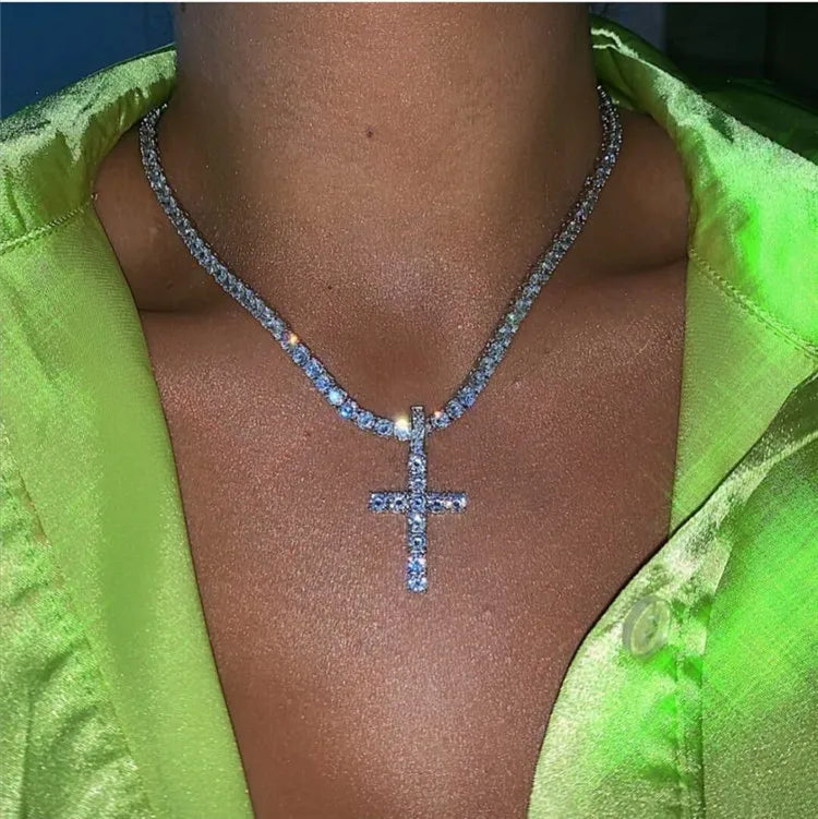 Wholesale Bling Zircon Cross Pendent Rhinestone Necklace Chain