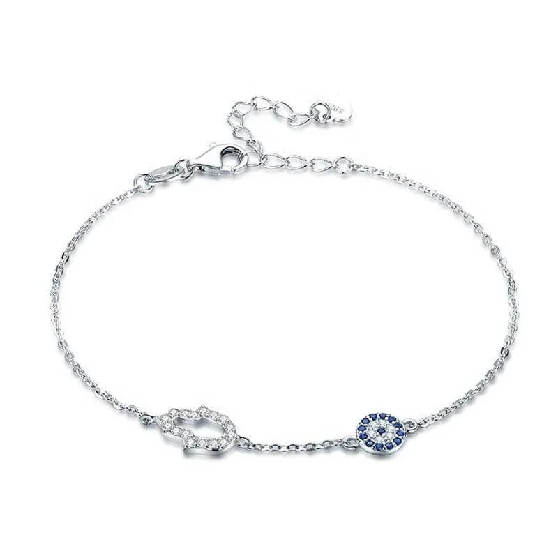 GB09 Hamsa Hand of Fatima Evil EyeS Bracelet Sterling Silver 925 Blue Cubic Zirconia Chain Adjustable