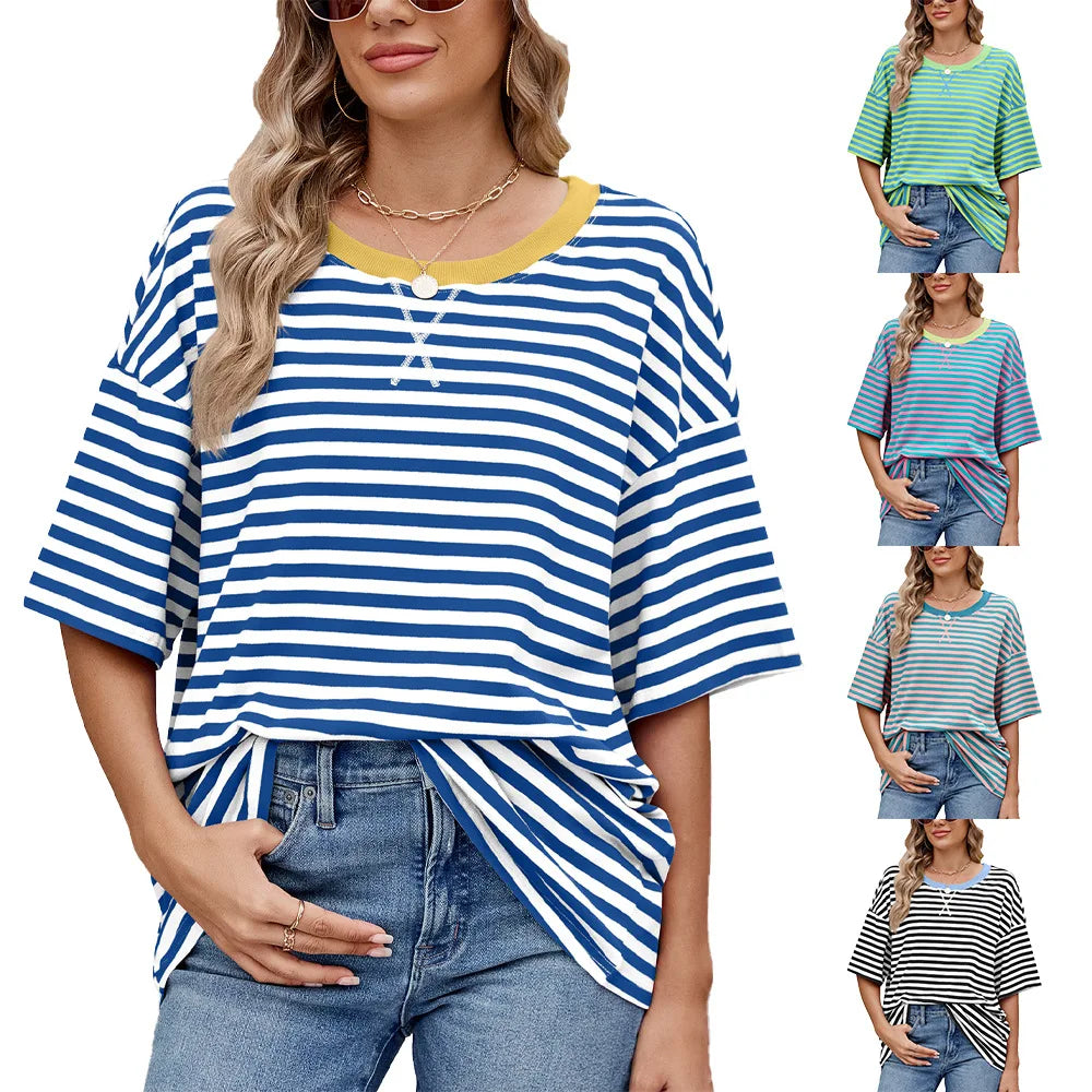 Women's 2025 Spring Summer New Loose Short-Sleeve Striped Color Block T-Shirt Top