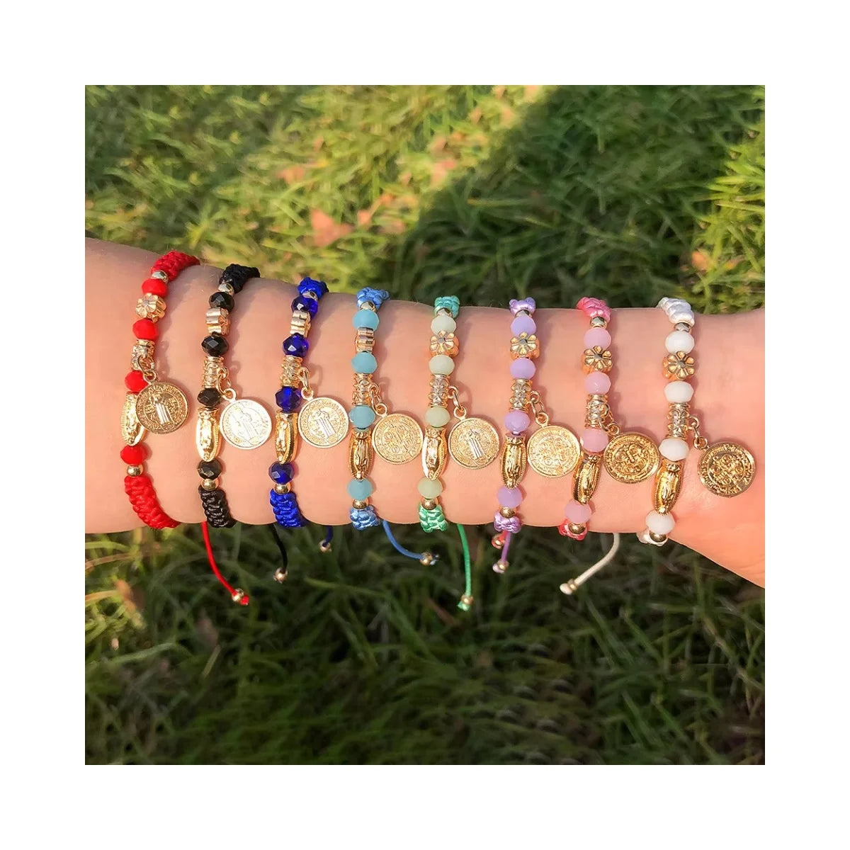 RisingMoon 18K Gold Bracelet Rope String Braided Bracelets Crystal Jewelry Round Charms Mary Bracelets Adjustable