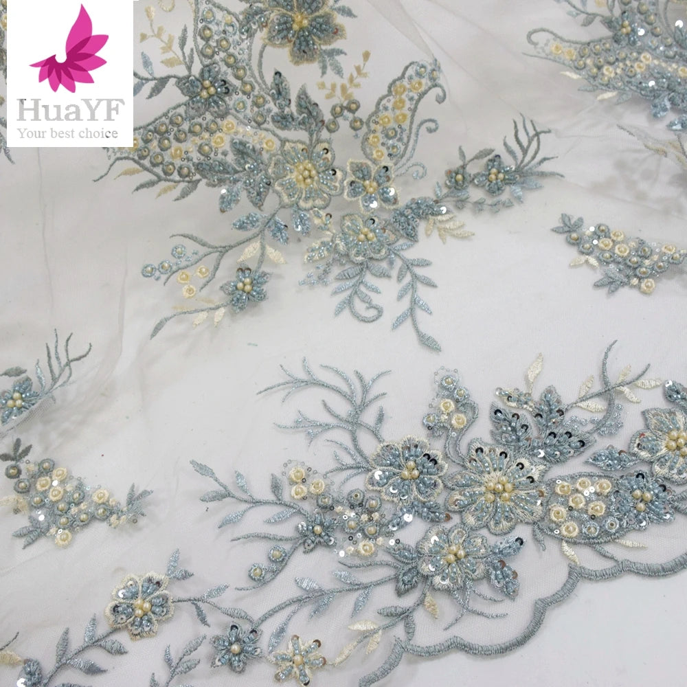 2021 High End  Beaded Sequin Lace Fabric With Pearls Bridal Embroidered Tulle Lace Fabric HY1700-2