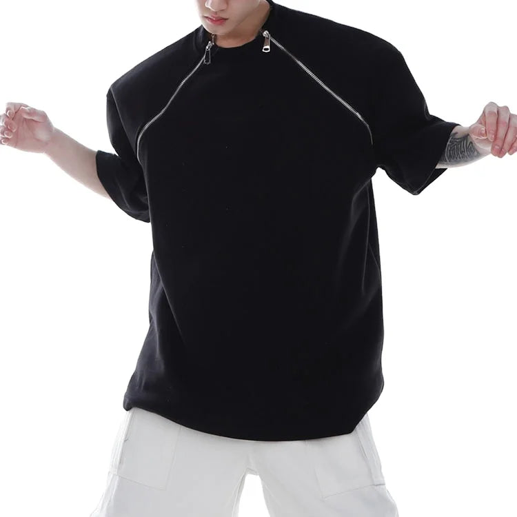 2026 Custom Metal Zipper Splicing T Shirt Short  Sleeve Crew Neck  Shoulder  Pad  Men T Shirts