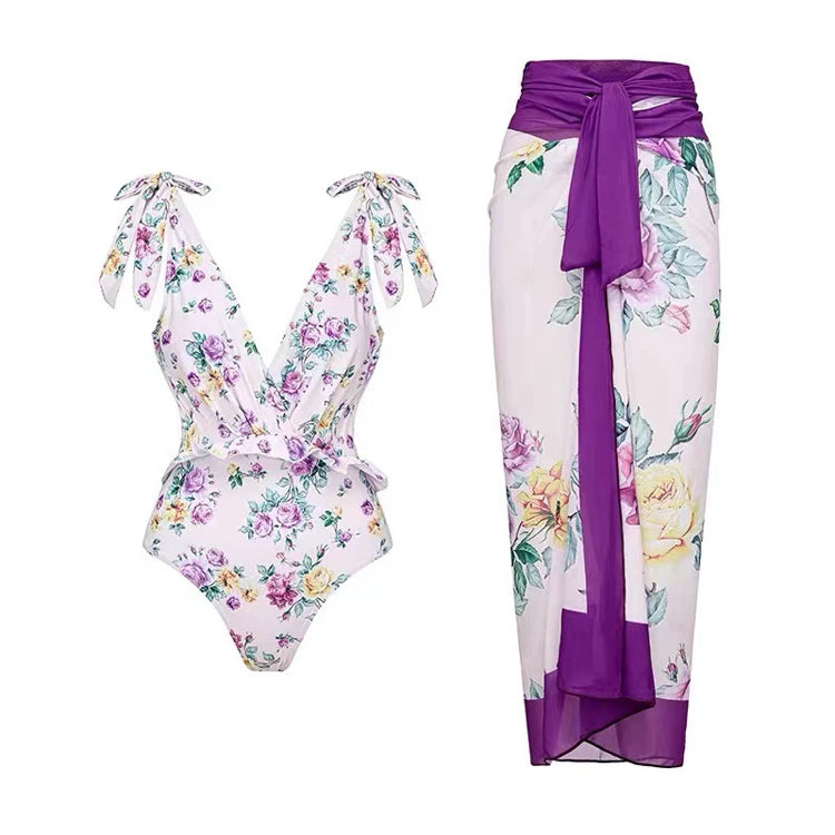 New One Piece Swimwear Women Vintage Printed Bandage Swimsuit Chiffon Long Skirt Swimwear