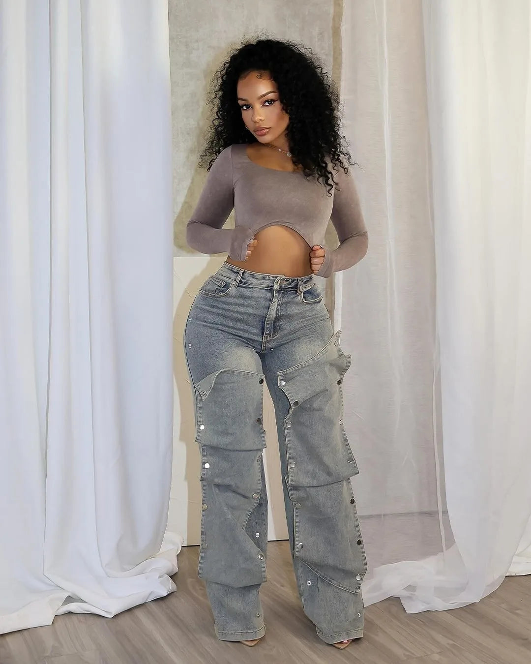 High-Waisted Wide-Leg Women New Styles Boyfriend Washed Pants Hot SALE Couture Snap Jeans